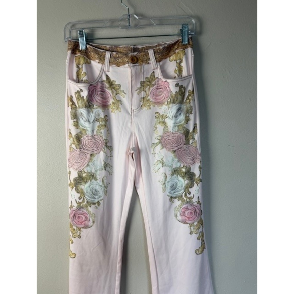 Floral Pink Flare wide leg pants Brocade Waistband Women Denim Pants